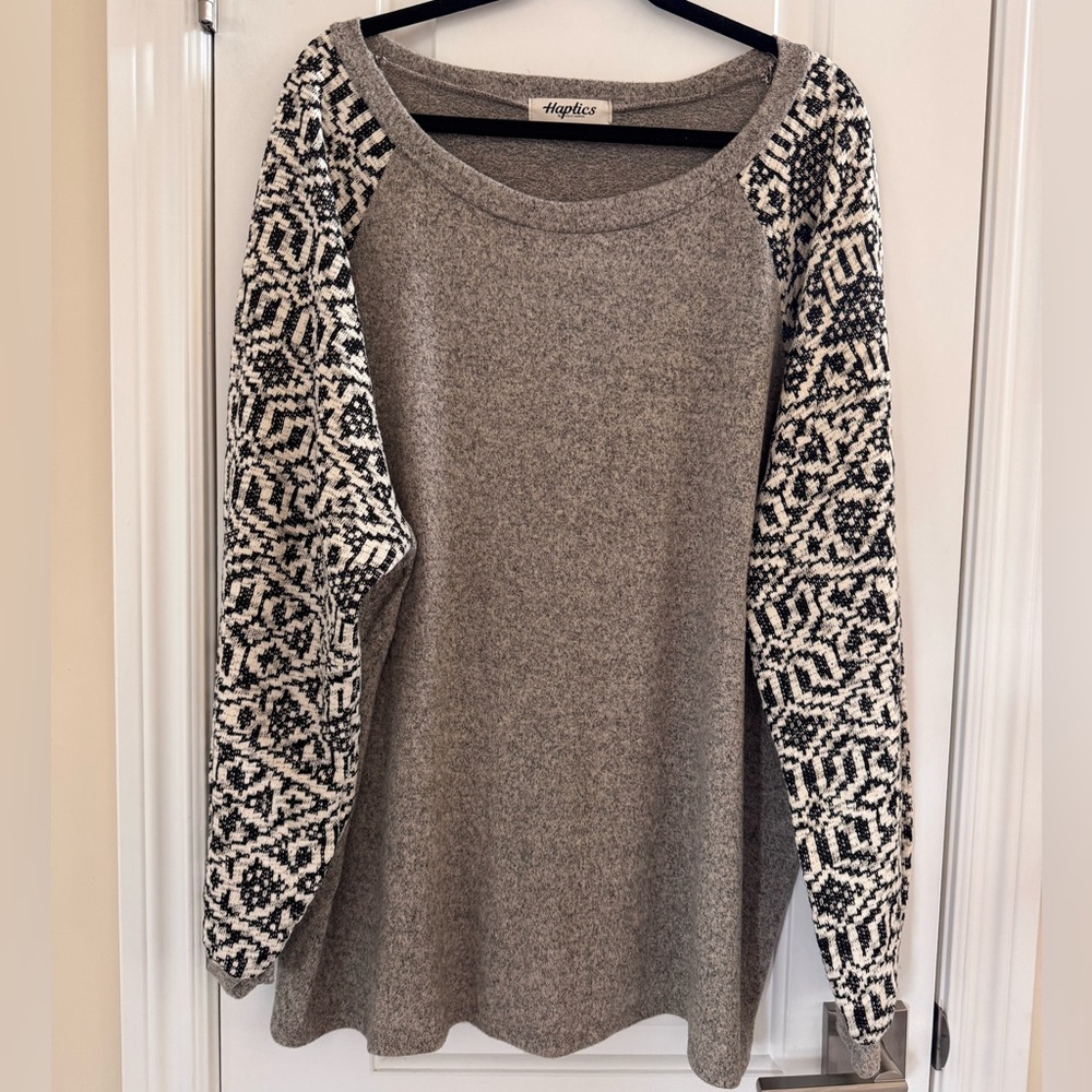 Haptics SOFT Contrast Knit Top 3X Long Balloon Sleeves Taupe Grey Boho Aztec